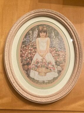 Vintage 1985 Homco Girl w/ Flower Basket Oval Framed Wall Art Pink 13”